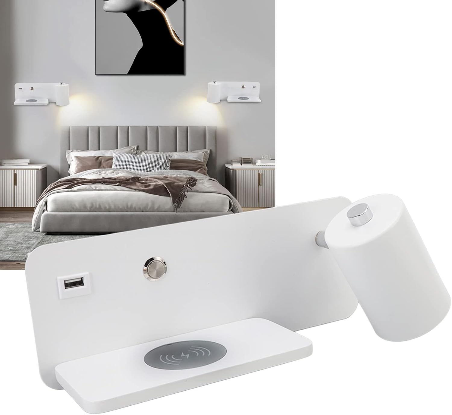 85 to 265V Adjustable Lamp Holder USB Wall Light for Reading Study Bedside Hallway, Wireless Wall Light, Convenient USB Charging Interface Charging LED Lamp (White Right)