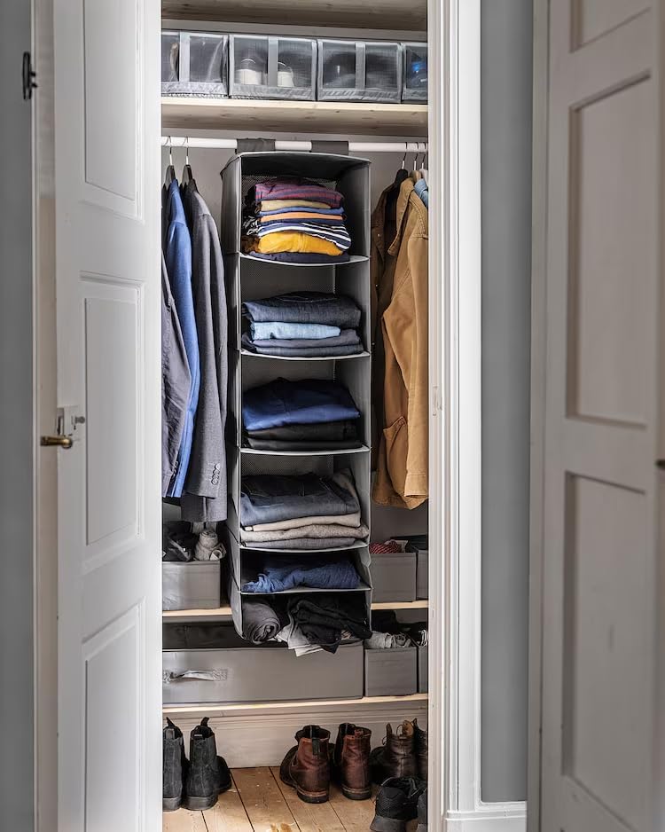 Hanging Closet Organizer – 6-Shelf Hanging Storage Shelves, Space-Saving Fabric Closet Organizer for Clothes, Shoes & Accessories, Grey 13 ¾x17 ¾x49 ¼