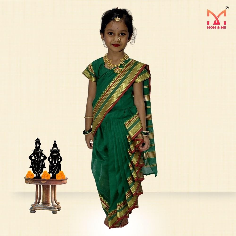 Mom and Me Girls' Ready-to-Wear Mastani Nauwari Saree with Stitched Blouse | Traditional Maharashtrian Ilkal Border | Soft Acrylic Cotton | Age 12 Months to 15 Years (Green, 8-9 Years) - Image 3 thumbnail