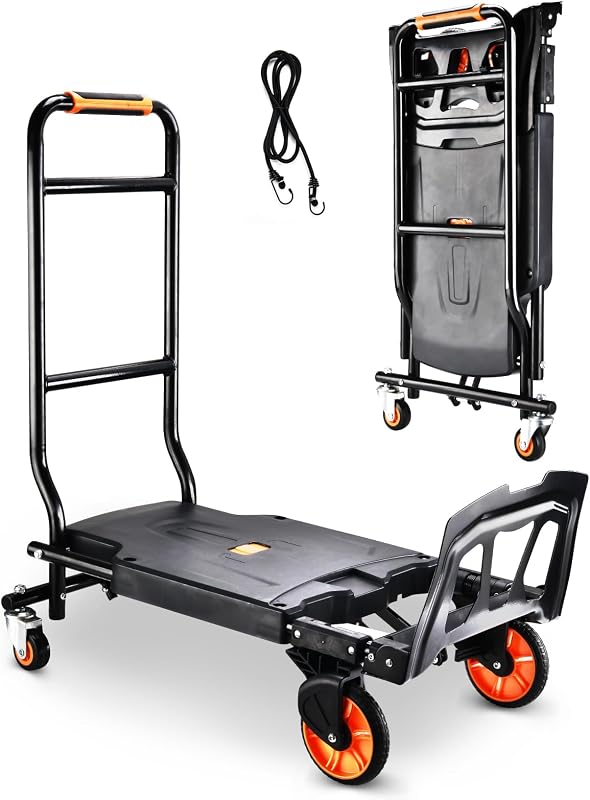 Carretilla de mano plegable, carro de mano de transporte resistente de capacidad de 500 libras, carretilla de mano de acero Ironton con 4 ruedas giratorias, para equipaje, mudanzas, compras, oficina, uso en viajes (naranja)