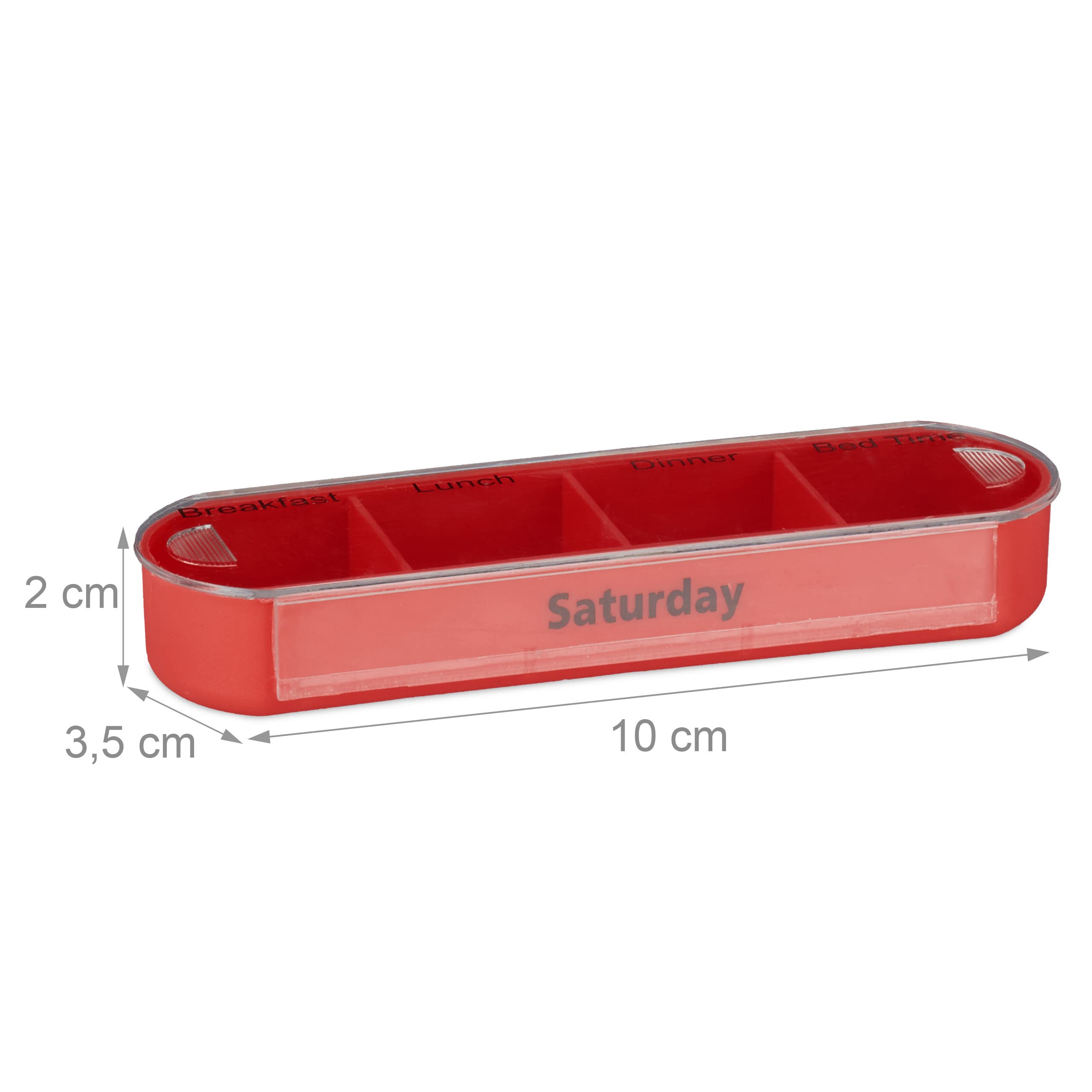 Relaxdays Pilulier 7 Jours, Lot de 5, 4 Compartiments, Inscription Anglais, semainier comprimés, Matin midi Soir Nuit, Blanc-Rouge | Anglais, boîte à médicaments avec couvercle coulissant