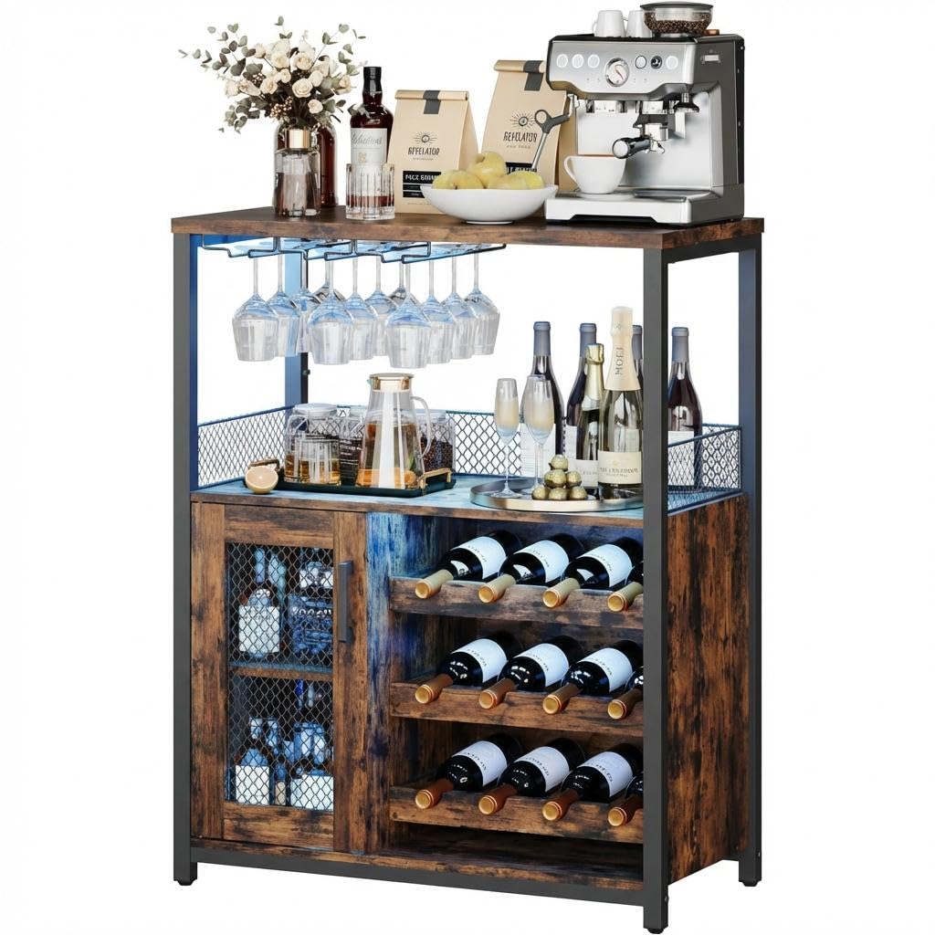 Buffet Rangement à Vin en Bois Armoire de Cuisine 60 cm Meuble de Bar à Vin avec LED Armoire Haute 3 Niveaux Rétro Industriel Étagères Réglables Porte en Métal grillagé Tiroir Amovible Rangement Brun