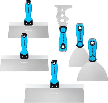 KEZERS Drywall Hand Tool Kit, 6 Pieces 3" 4" 6" 8" 10" 12" Stainless Steel Putty & Taping Knife with Metal Hammer End and Ergonomic Grip for Drywall Work