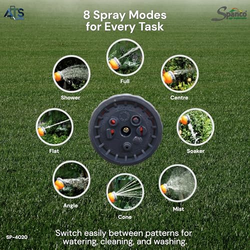 Image of Spanco 8-Pattern Garden Hose Spray Gun (SP-4020) | High Pressure Water Spray Nozzle for Plants, Car Wash, Balcony Cleaning & Pet Bath | Adjustable Water Flow, Lock Trigger, Universal Hose Connector