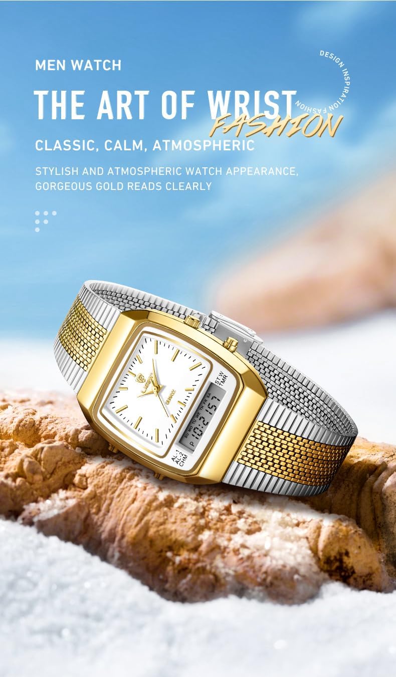 FANMIS Men's Watches Multifunction Square Dual Display Sport Watch for Men Waterproof Stainless Steel Chronograph Fashion Wristwatch, Retro Gold Mesh Band