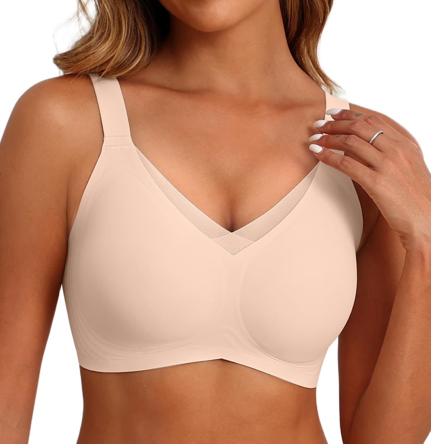 SHIJIALI Wireless Push Up Bra V Mesh Detail Wide Straps Seamless Comfort Support Lift Full Coverage Everyday Bralettes
