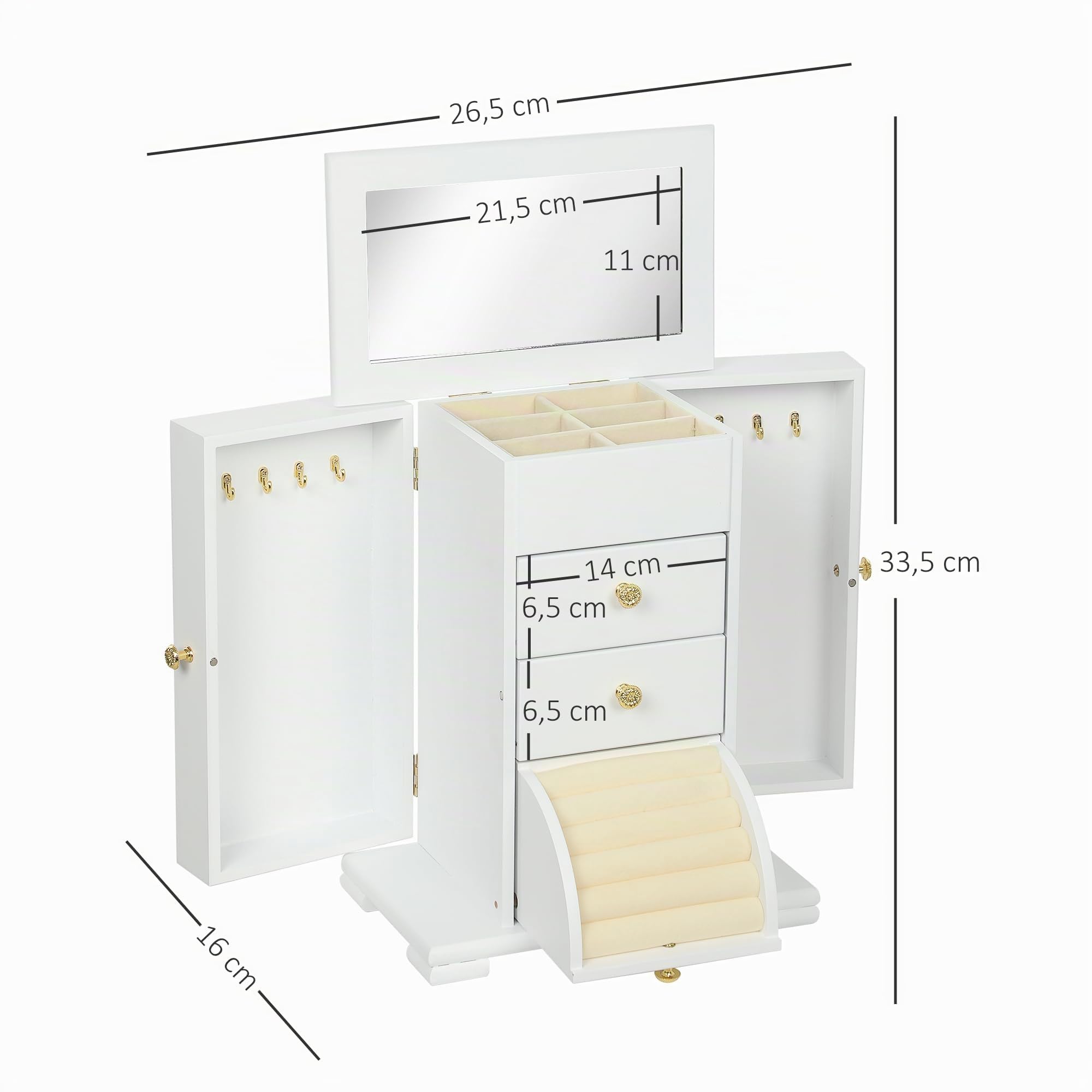 HOMCOM Caja Joyero de Madera de 4 Niveles con 2 Cajones Espejo Blanco | Joyero Mujer Organizador Grande, Puertas Laterales Giratorias con Ganchos, para Pendientes, Anillos, Collares