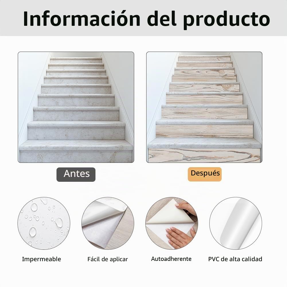 PLIGREAT 15 tiras adhesivas para escaleras con vetas de madera, extraíbles y adhesivas, 18 x 100 cm, en vinilo autoadhesivo para escaleras de madera rústica, decoración de pared para casa y hotel