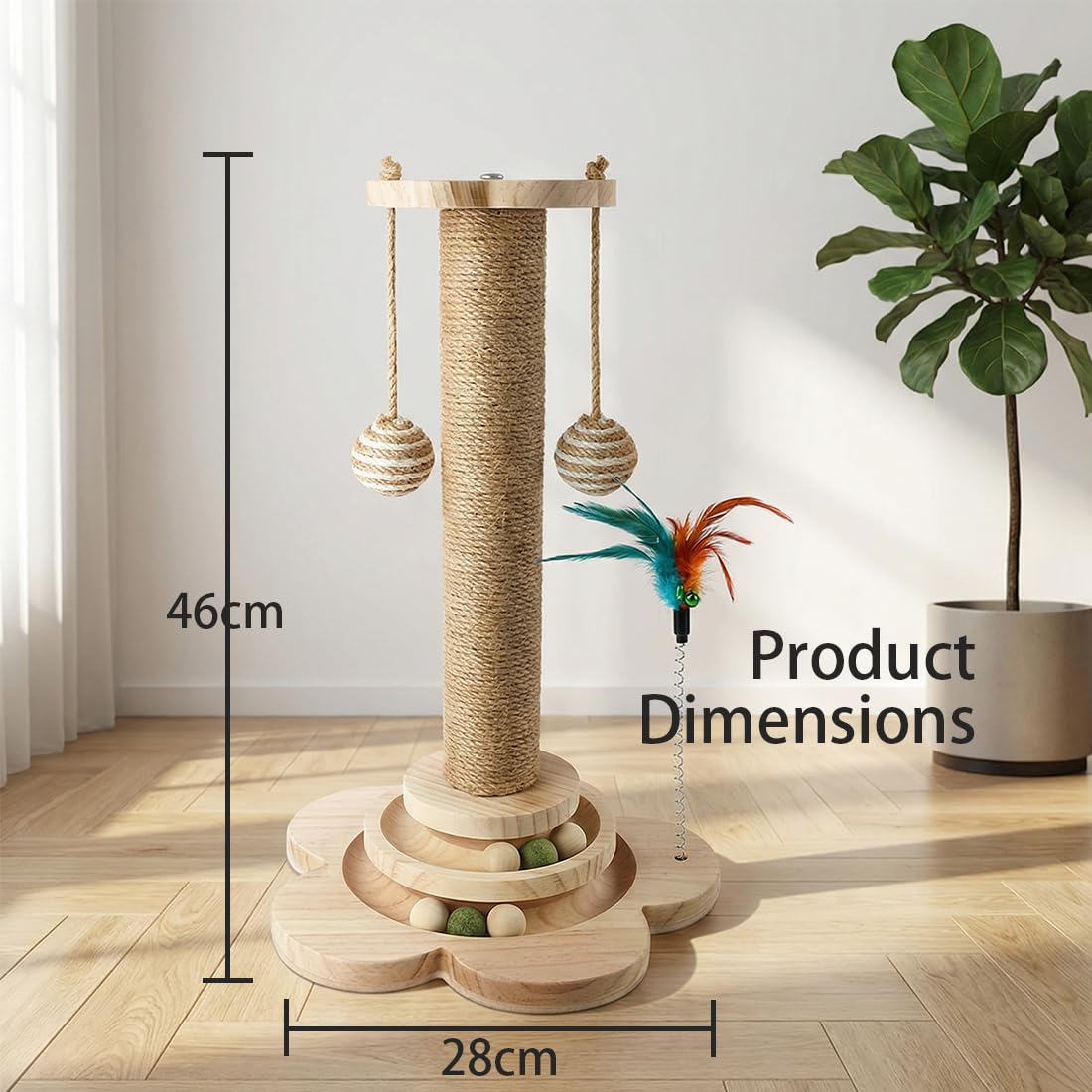 4 in 1 Katzenspielzeug Selbstbeschäftigung, 46cm Kratzbaum mit Hängenden Bällen, natürlicher Sisal-Spielzeug Katze, Interaktives Katzen Spielzeug mit Federn, zum Spielen im Haus
