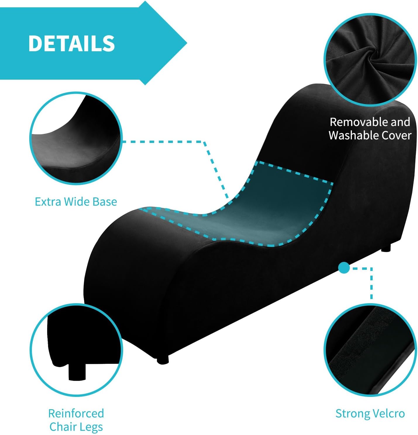 CECER Modern Velvet Chaise Lounge, Ergonomic Indoor Floor Lounger with Support Pillows, Contoured Reading Chair for Living Room and Bedroom, Black