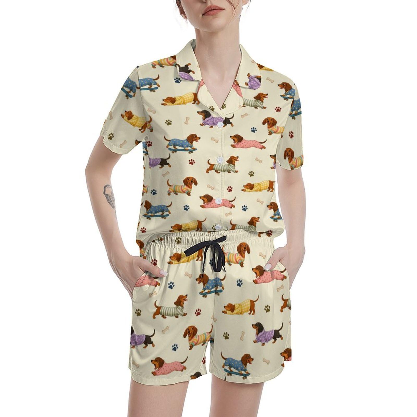 Funny Pajamas for Women Set Print Satin Loungewear Pjs Short Sleeve Button Down Top and Shorts Sets Sleepwear XS-3XL