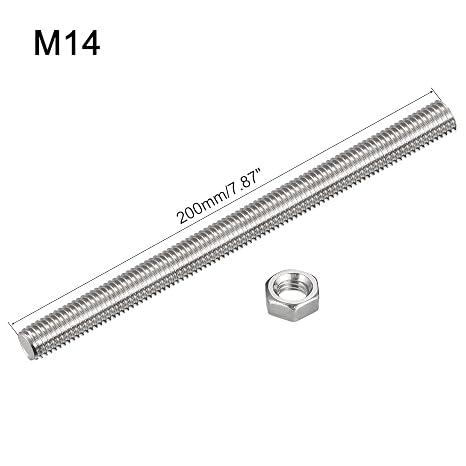QUARKZMAN 6 Pack M14 x 200 mm Full Thread Rod with 6 Pack Hex Nuts 2 mm Thread Spacing 304 Stainless Steel Right-Handed Threaded Rods Rod Bolts