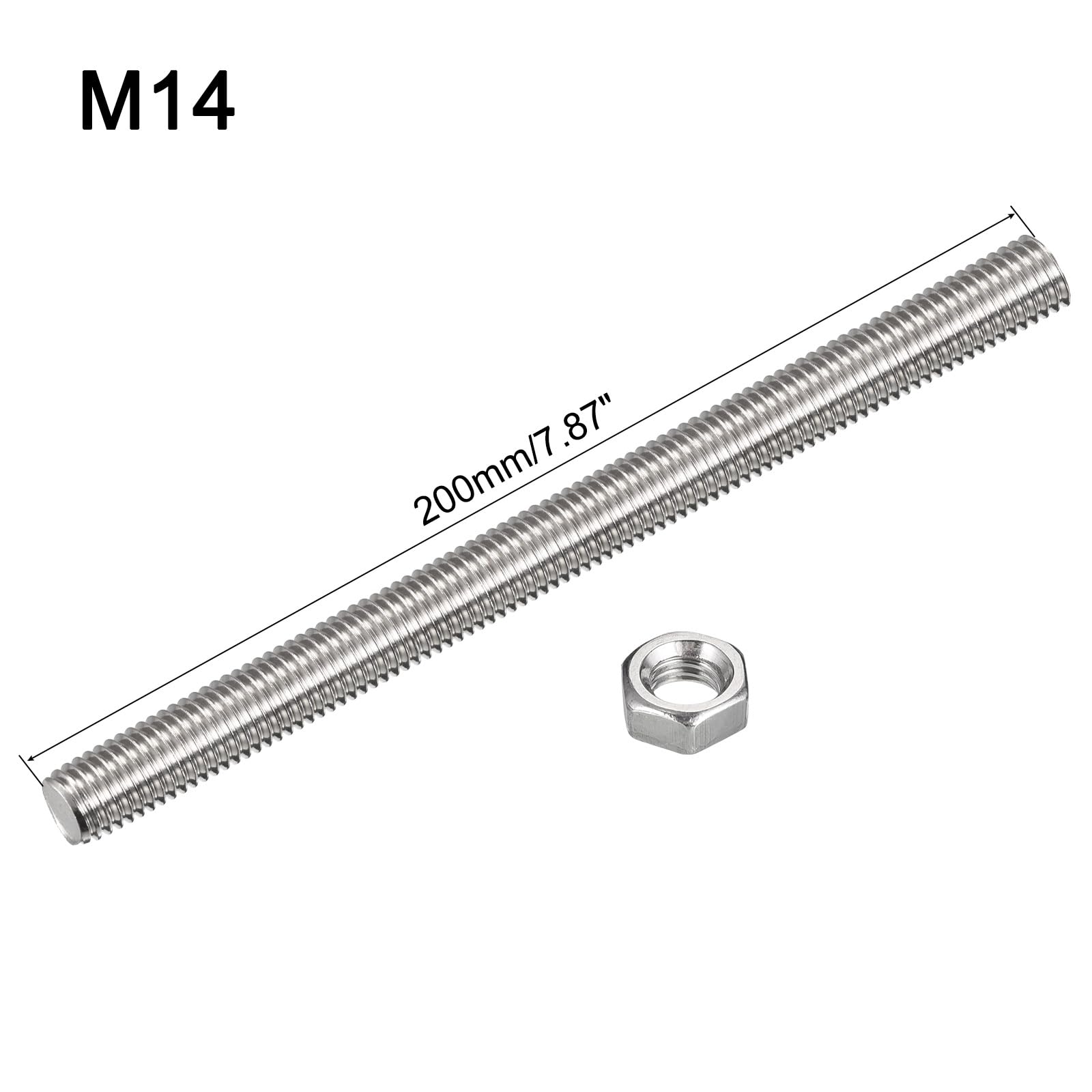 QUARKZMAN 15 Paquete M14 x 200mm Totalmente Roscada Varilla con 15 Paquete Hexagonales Tuercas, 2mm Rosca Paso 304 Inoxidable Acero Derecha Mano Roscada Varillas Barra Pernos