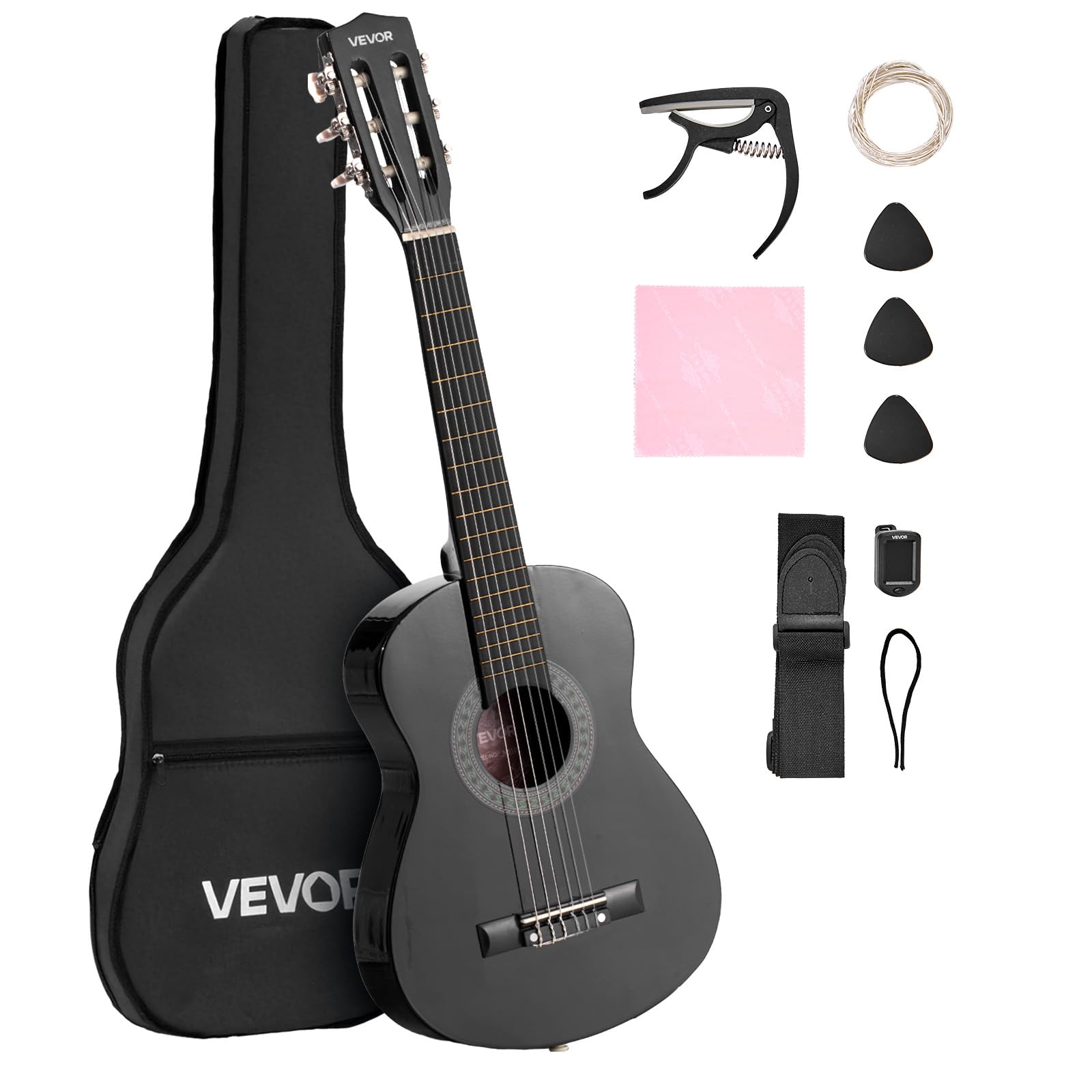 Vevor Negro - Guitarra Clásica, Kit De Guitarra Clásica De Madera De 780 Mm Con Cuerdas De Nailon, Funda, Correa, Afinador, Cuerdas Adicionales, Púas, Cejilla, Madera De Tilo, Para Estudiantes,