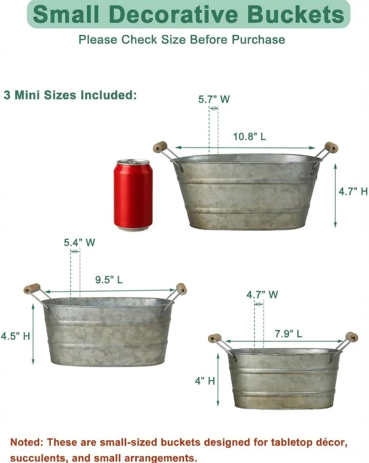vensovo Galvanized Metal Oval Planter Buckets with Handles – Set of 3 Rustic Farmhouse Flower Tubs with Drain Holes & Plugs, Vintage Small Pots for Herbs, Succulents, Wedding or Tabletop Decor