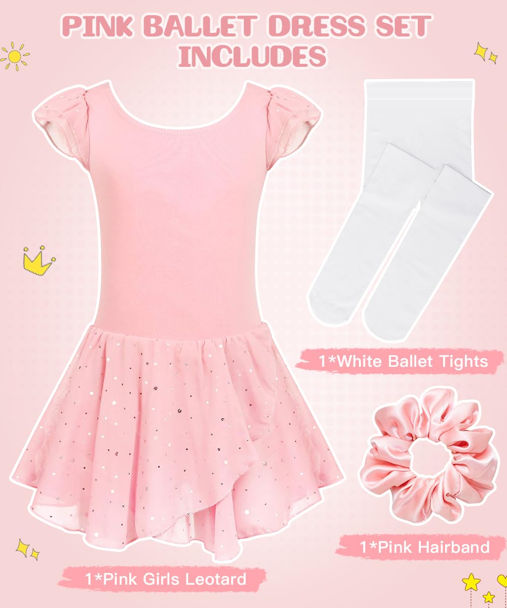 Justaucorps Danse Fille, Ensemble Ballet avec Tutu à Paillettes, Chouchou & Collants Blancs, Tenue Danse Classique Enfant pour Cours de Ballet 4–9 Ans