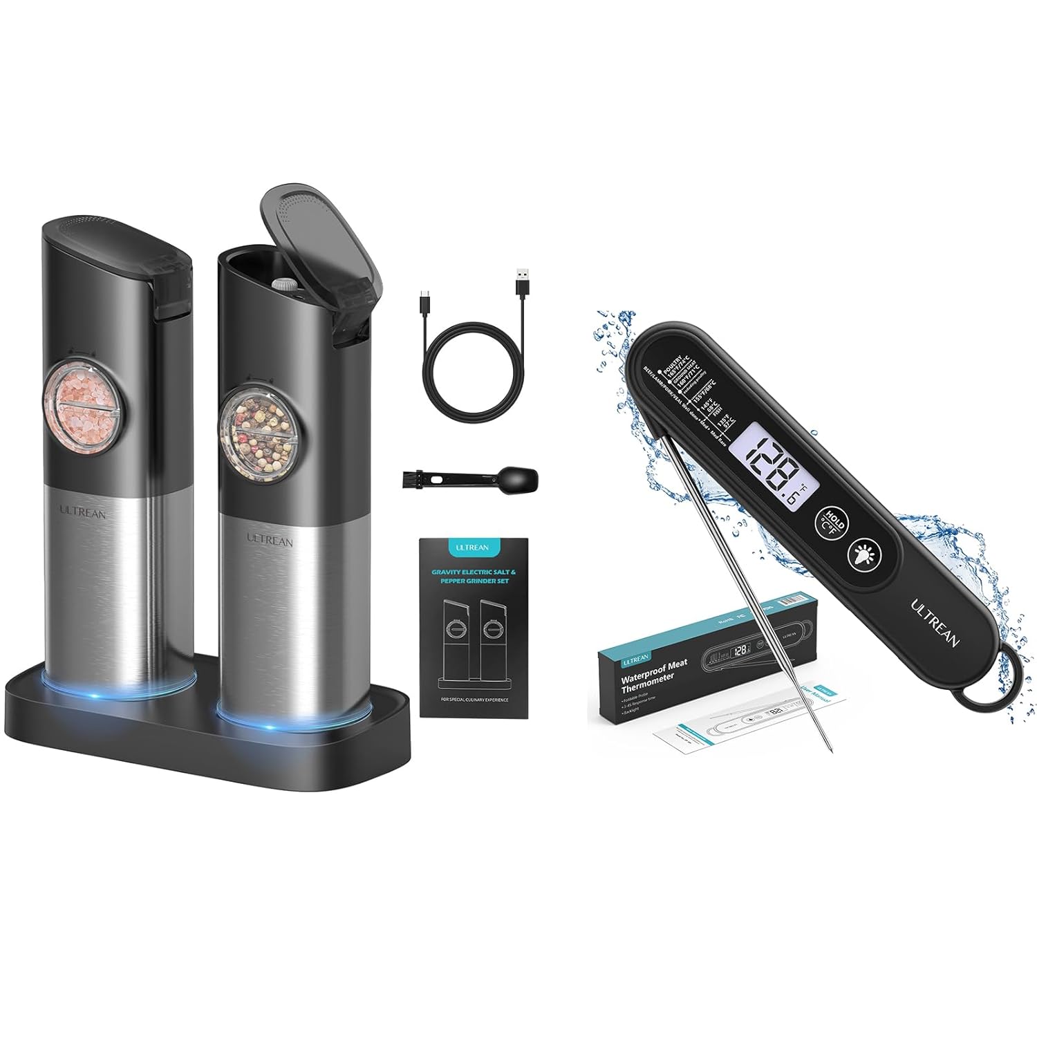 Ultrean Gravity Rechargeable Electric Salt and Pepper Grinder Set & Meat Thermometer