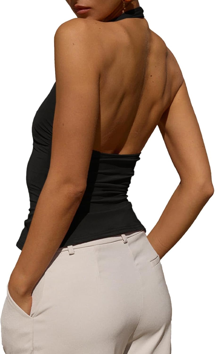 Tankaneo Womens Sexy Scoop Neck Halter Tops Backless Ruched Knit Tank Tops Summer Sleeveless Fitted Going Out Shirts - Image 2