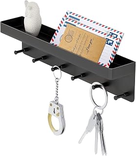 Key Holder for Wall,Mail Organizer with 6 Hooks for Entryway and Kitchen,Key Rack Organizer with Tray,Key Hook and Mail Holder Wall Mount,Stainless Steel(Black)