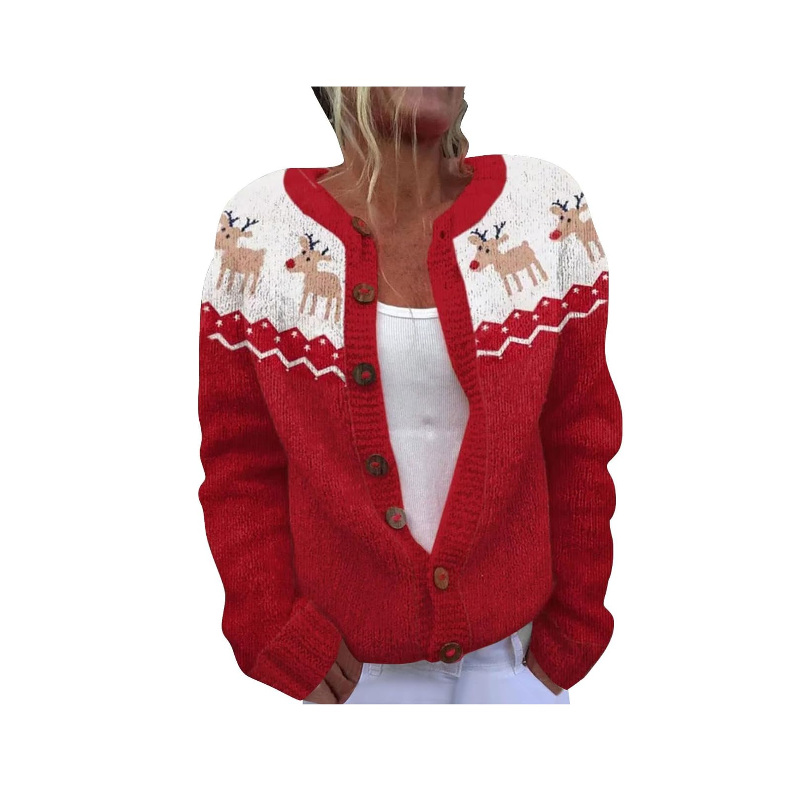 Christmas Sweater for Women Funny Button Down Festive Printed Pattern Coat Xmas Holiday Parties Knitted Sweater