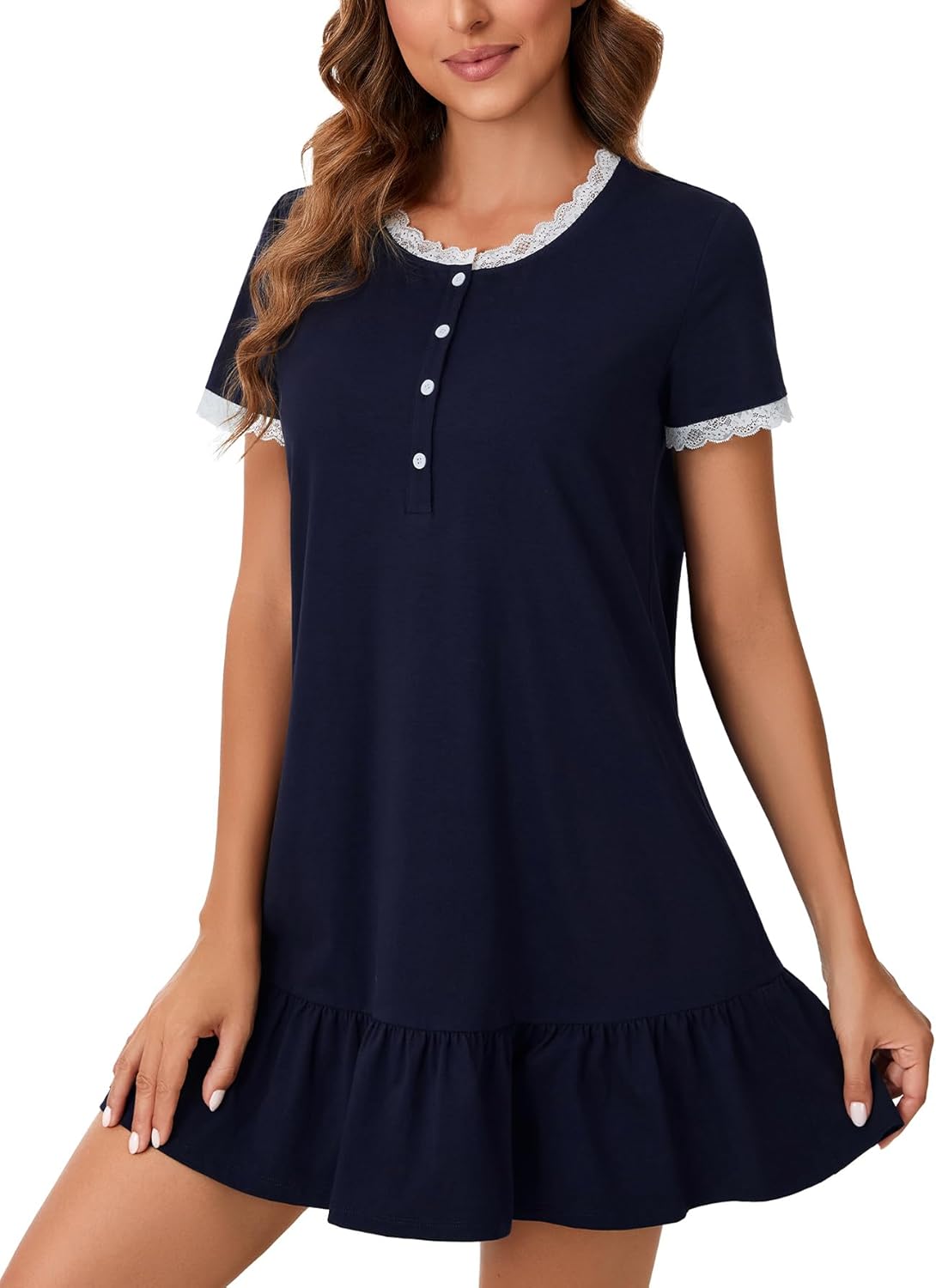 Vrtige Women's Lace Trim Nightshirt Crewneck Button Short Sleeve Nightgown Soft Sleepshirt - Image 3