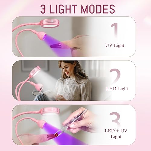 Miniatura 105 de AORAEM Lámpara LED UV para uñas: lámpara U V de cuello de cisne de doble cabeza para uñas de gel, luz LED de curación flash con 6 lupas para el Negro