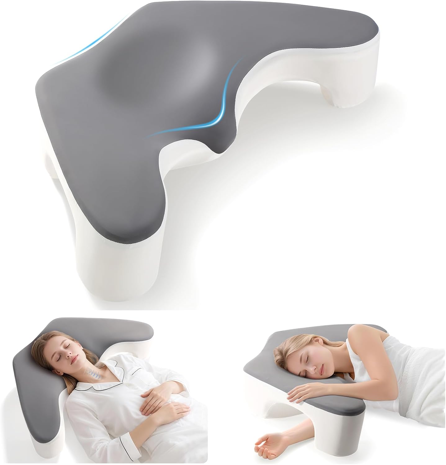 Side Sleeper Pillow for Shoulder Pain Relief, Memory Foam Pillow with Arm Hole & Neck Support Design, Ergonomic Back Sleeping Cervical Pillows with Washable Cooling Pillows Case (Grey&White)