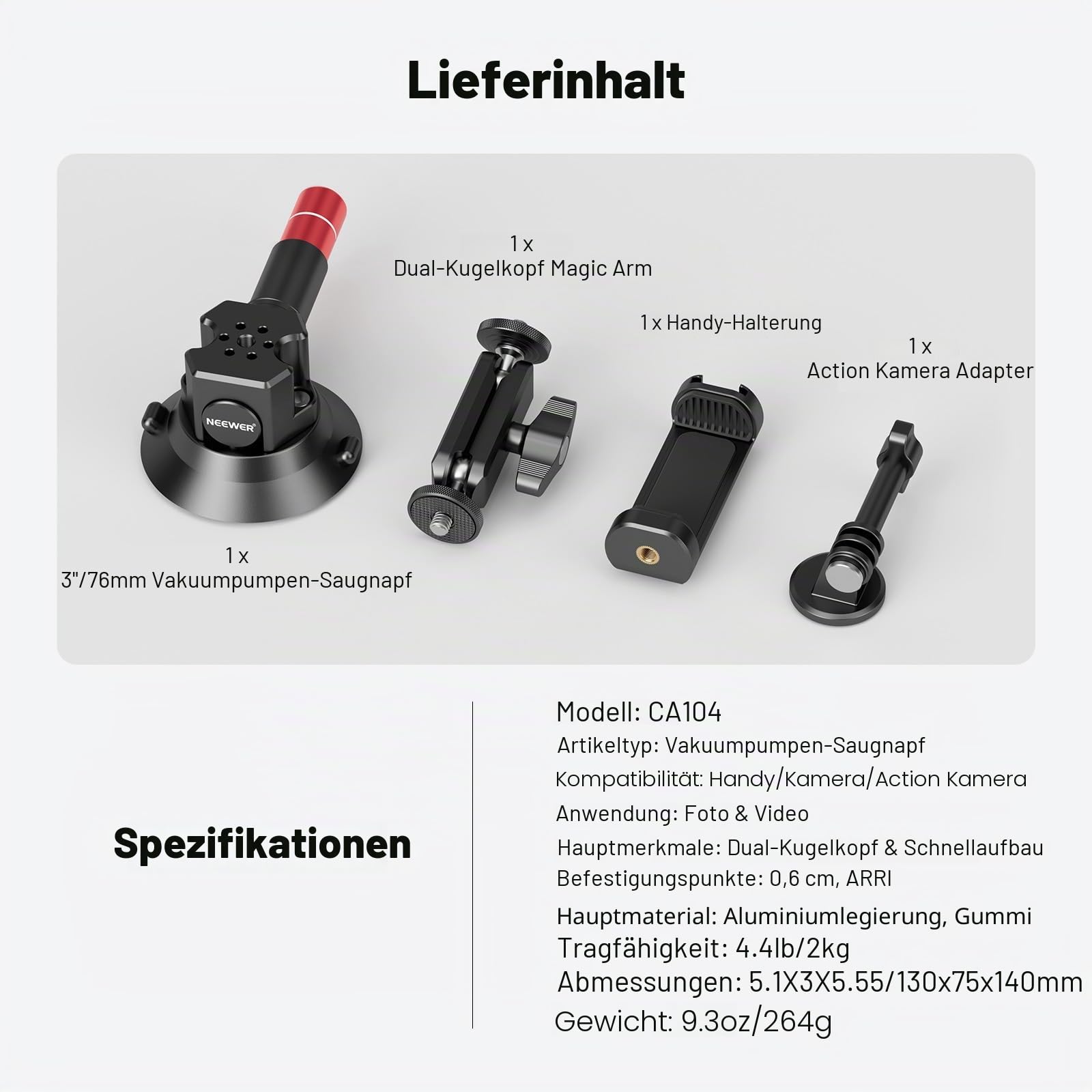 NEEWER 3" Kamera Halterung mit Saugnapf, Magic Arm mit Kugelkopf kompatibel mit ARRI 1/4" Löchern, Auto Halterung mit Handyhalter und Action Cam Adapter kompatibel mit iPhone GoPro DJI Insta360, CA104