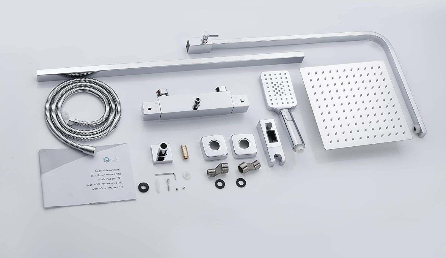 System prysznicowy firmy ELBE ze stali nierdzewnej, z termostatem, deszczownicą, słuchawką prysznicową, kwadratową głowicą prysznicową 25 x 25 cm.