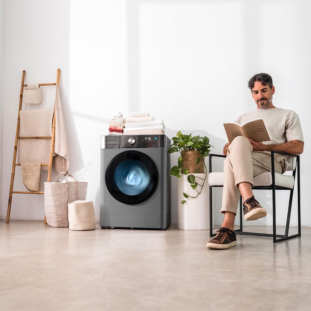 Person interacting with the washing machine's touch display