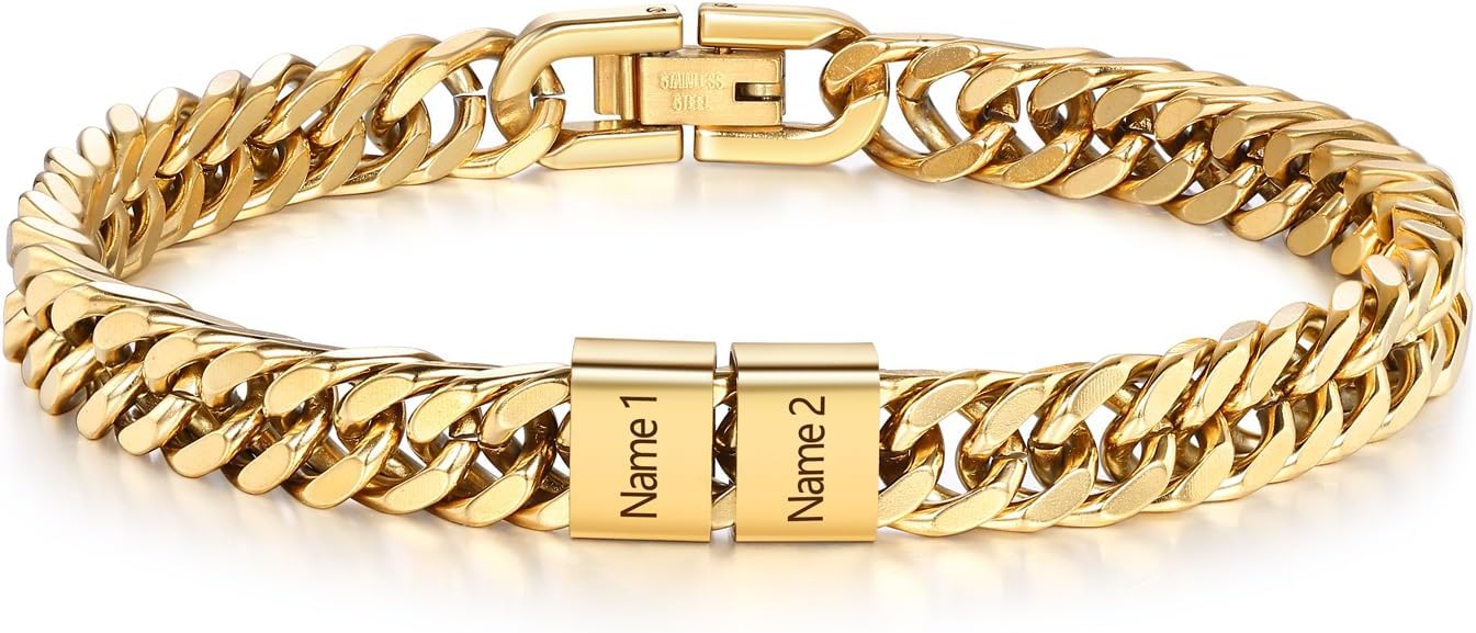 Personalized Cuban Bracelet for Men Dad Custom 2-6 Name Cuban Link Stainless Steel Mens Bracelet for Husband Boyfriend Grandpa Gift for Birthday Christmas
