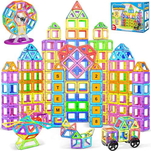 COOLJOYA Bloques de construcción magnéticos, 136 piezas, juego magnético STEM, bloques de construcción magnéticos, juguetes Montessori a partir de 3 años, imanes para niños a partir de 3, 4, 5, 6, 7
