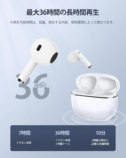 【2026年アップグレード版】AOKIMI ワイヤレスイヤホン bluetooth イヤホン V12 小型軽量 ブルートゥースHi-Fi 最大36時間再生 ぶるーとゅーす コードレス ENCノイズキャンセリング 自動ペアリング Type-C充電 マイク付き 防水 タッチ式音量調整 スポーツ/通勤/通学/WEB会議(ホワイト) - 4