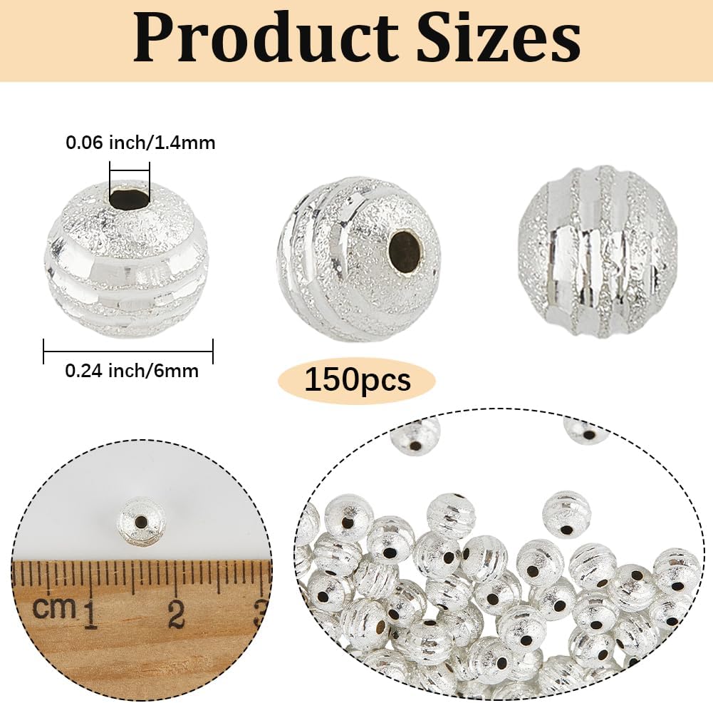 1 Box 150PCS Silver Plated Brass Round Textured beads with Holes Ribbon Pattern Metal Spacer Long Lasting Rondelle Connector Loose Bead for Jewelry Making Bracelet Necklace Diy Craft Supply - Image 2
