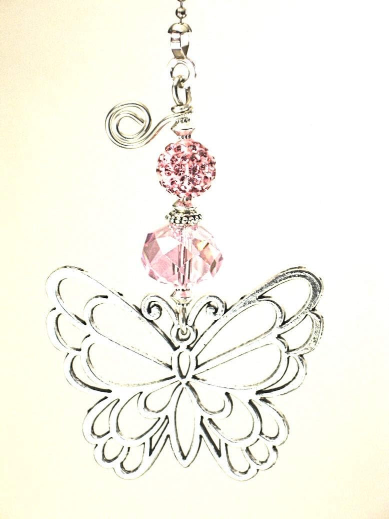 Trace Ellements Beautiful Silver Butterfly with Pale Soft Pink Rhinestone and Faceted Glass Ceiling Fan Pull Chain