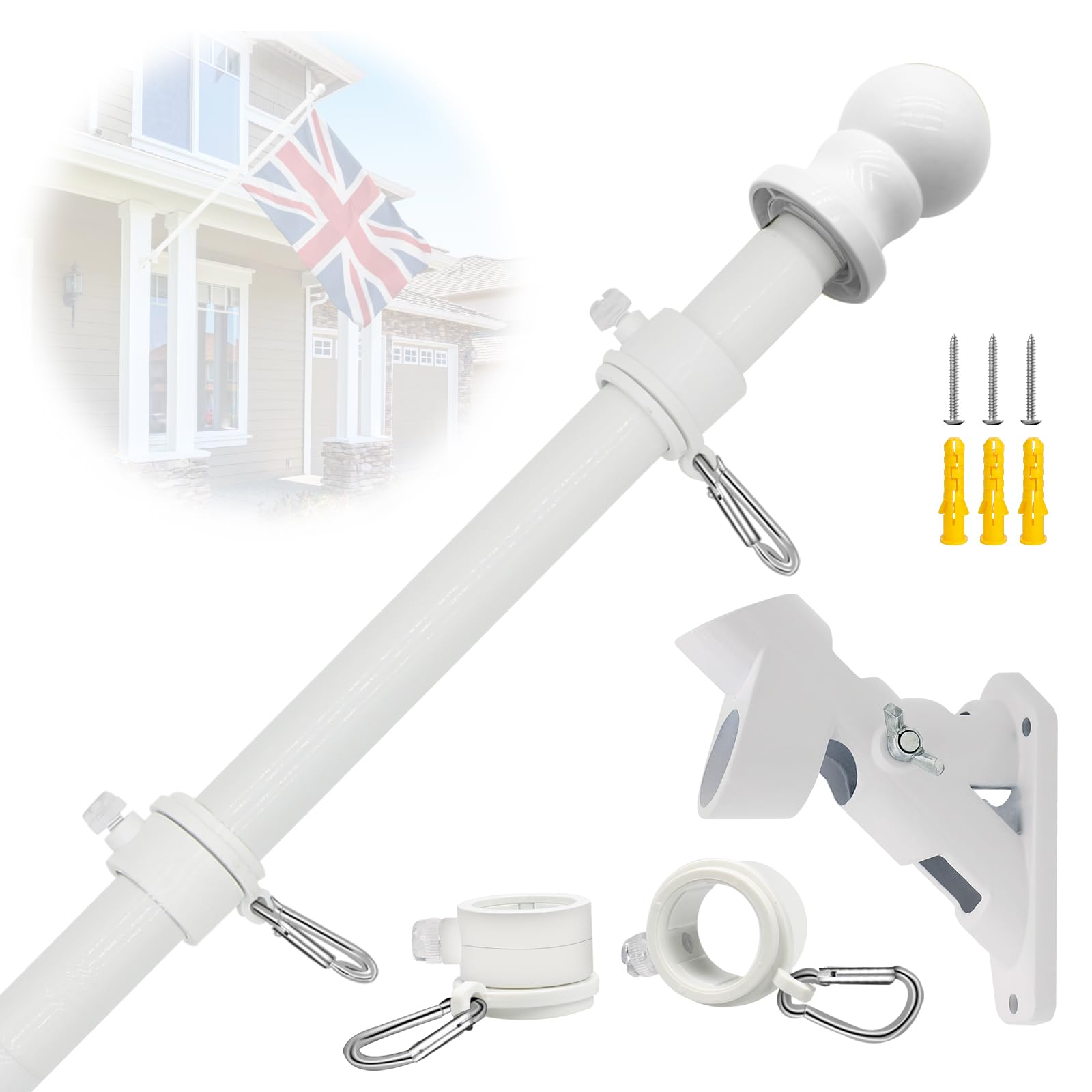 Mât de drapeau pour jardin de 1,5 m avec kit de fixation complet blanc