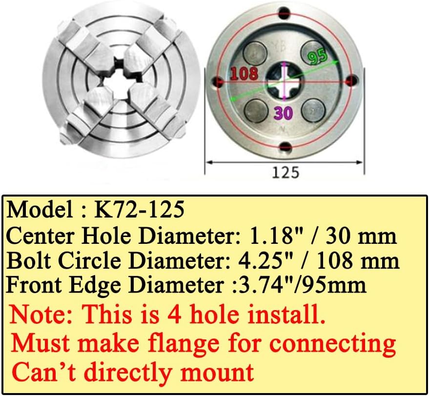 SANOU 125mm 4 Jaw Independent Chuck K72-125 - 5'' Metal Lathe Chuck for Mini Lathe