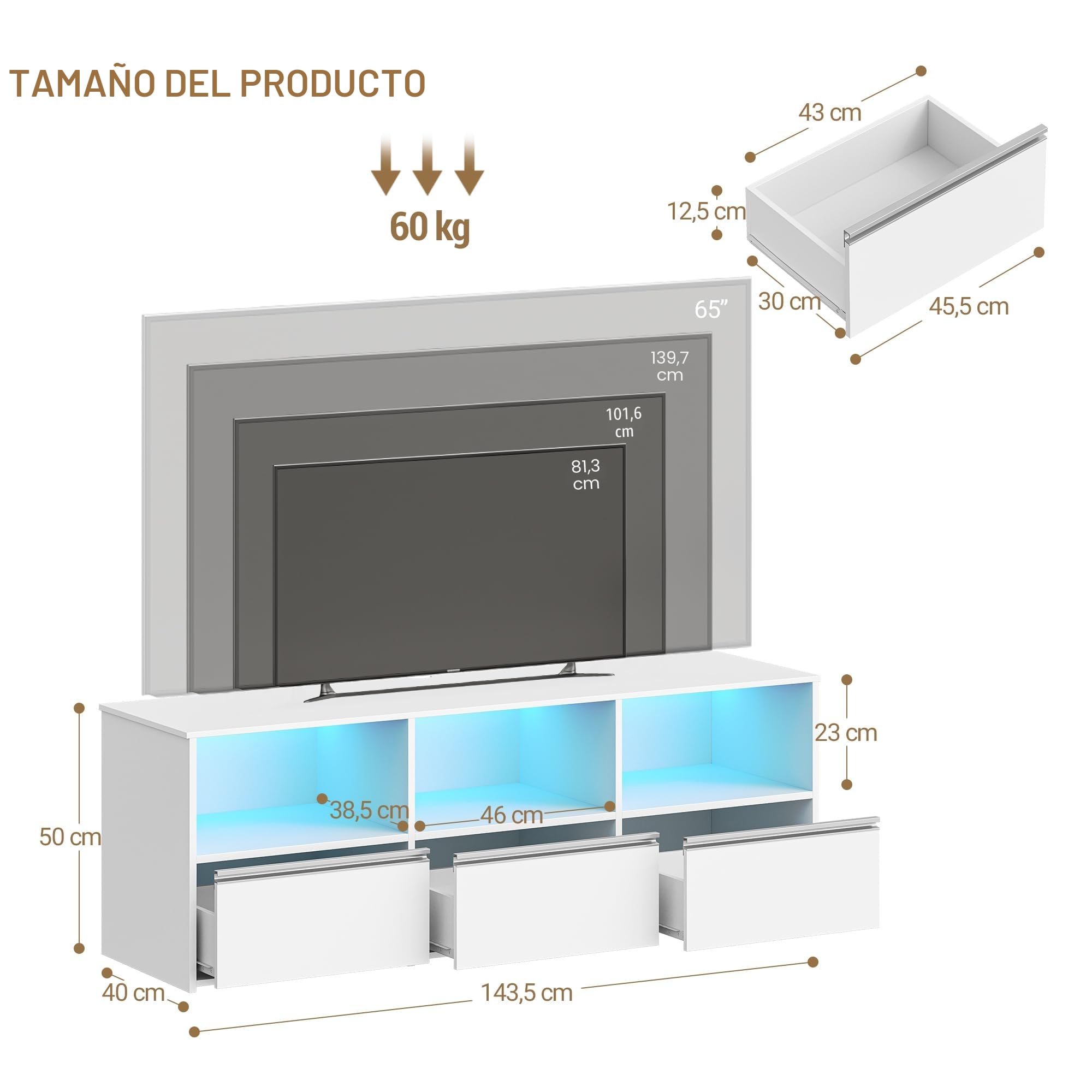 Hzuaneri Mueble de TV con Iluminación LED RGB, Mesa de TV de hasta 65 Pulgadas, Largo de 143,5 cm, con 3 Cajones y 3 Estantes Abiertos, 40 x 143,5 x 50 cm, para Salón, Dormitorio, Blanco-Plata