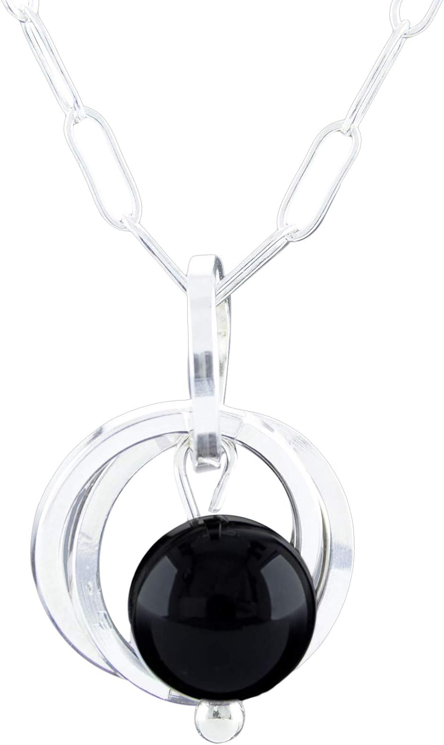 Tahmi Dainty Real Black Onyx Pendant Necklace with .Sterling Silver 925 Circles Minimalist Jewelry Jewelry Gift for Her - 18"