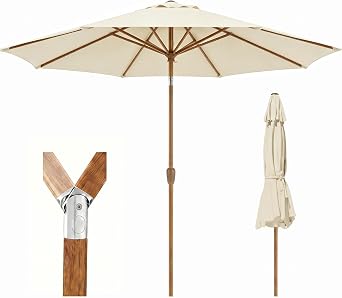 9ft Outdoor Patio Umbrella, Market Table Umbrella with Crank and Easy Push Button Tilt, Wood Grain Frame, UPF 50+ for Pool, Garden, Deck, Backyard