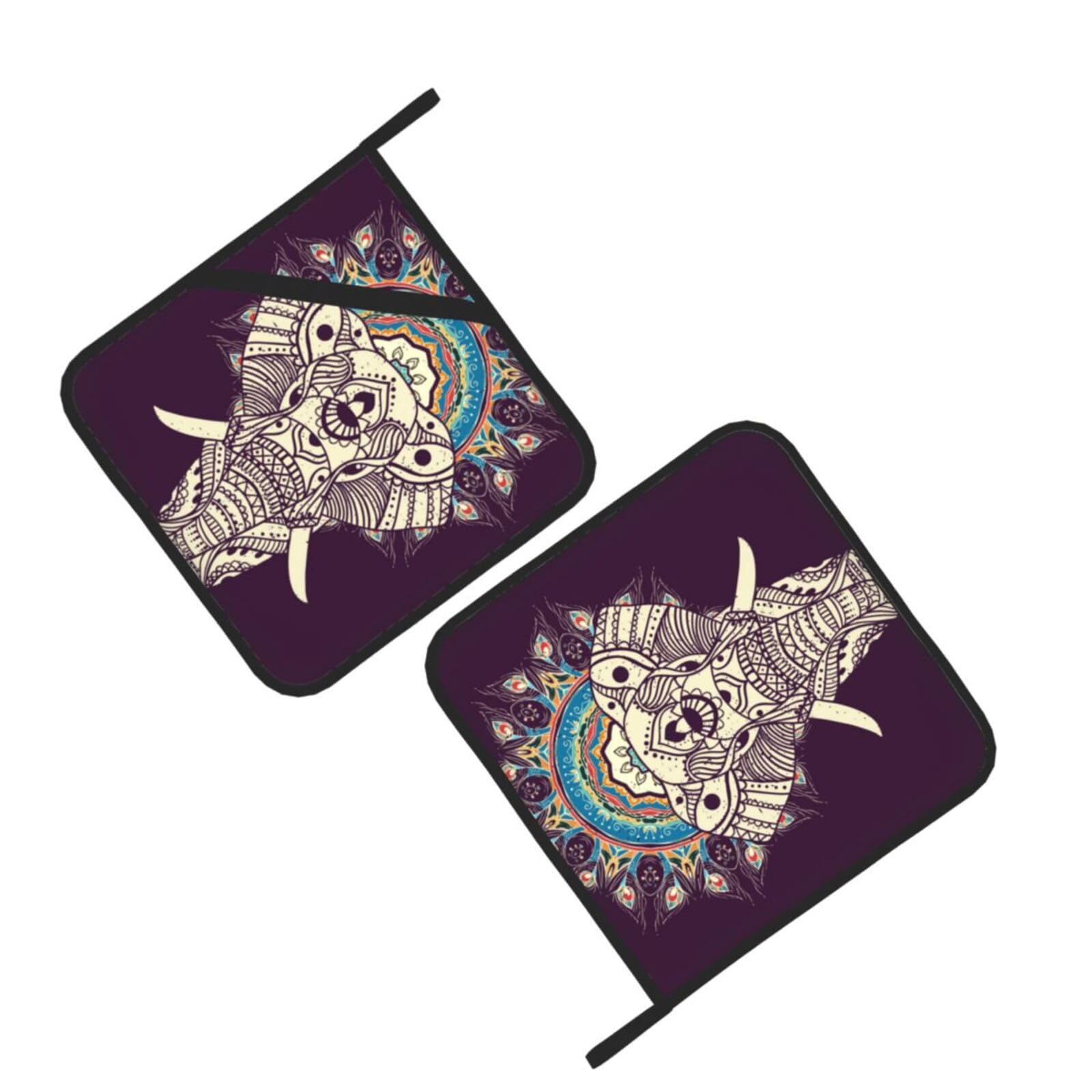 Stylish Boho Map Elephant Printed Oven Pot Holders Set of 2 Pcs Heat Resistant Kitchen Microwave Potholders for Cooking Baking Grilling
