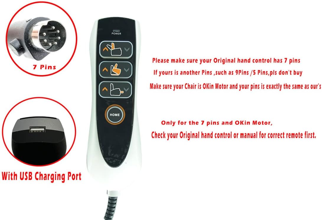 7 Buttons 7 Pins Straight Connector Remote Hand Control for Flexsteel,Oscar Power Lift Chair Recliner with USB