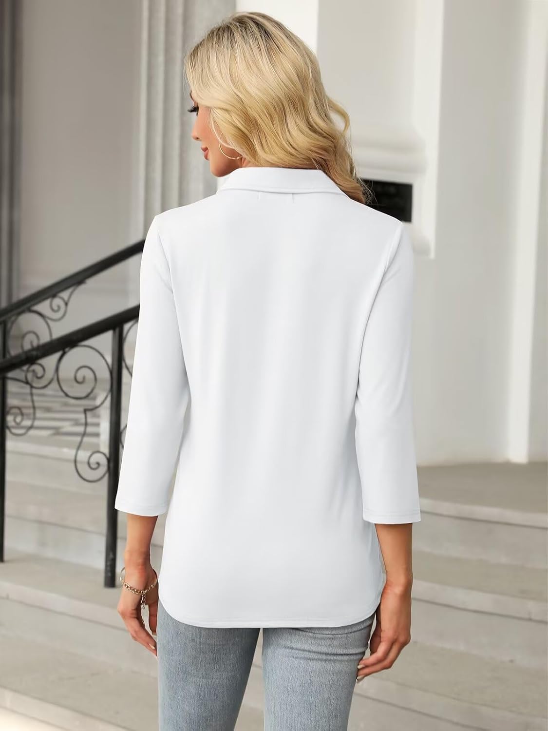 Women's 3/4 Length Sleeve Tops Collared V Neck T Shirts Polo Zipper Summer Shirts - Image 4