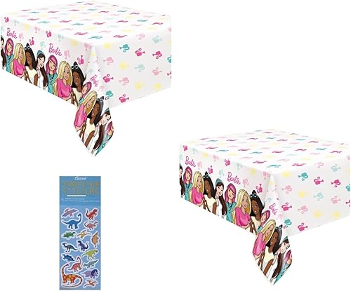Unique Paquete de decoración de fiesta de cumpleaños de Barbie incluye 2 fundas de mesa de plástico y 1 hoja de calcomanías de dinosaurio