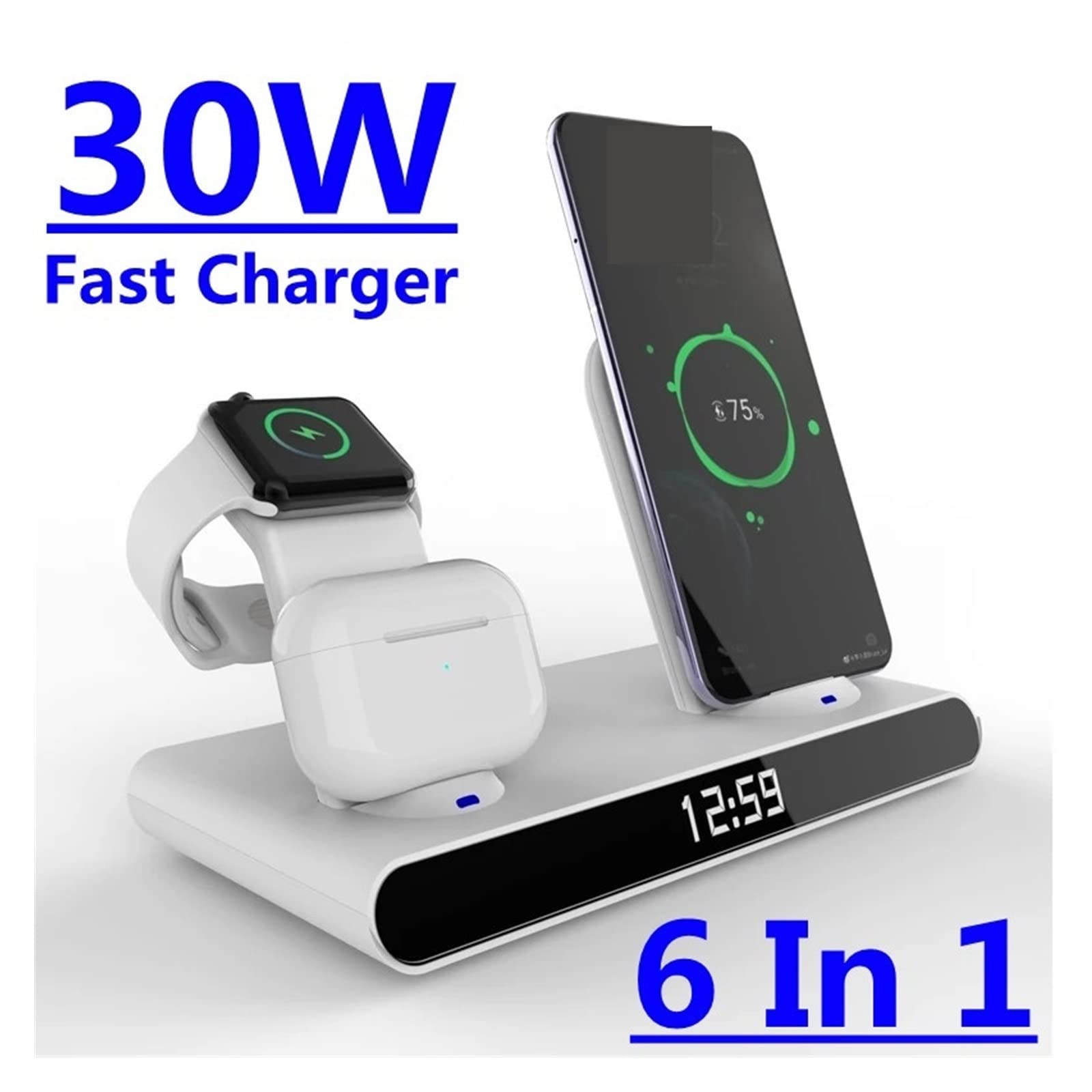 6 en 1 30W Rapide Chargeur sans Fil Horloge Pad for Support de Charge Qi for Montre écouteur Compact et Puissant(White with Plug)