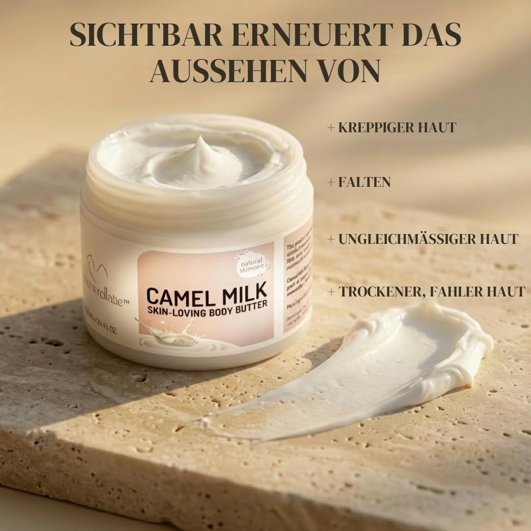 Cammellatte Kamelmilch Körperbutter mit Sheabutter - intensiv pflegende Bodylotion für trockene Haut mit Vitamin C, E - langanhaltende Feuchtigkeit - natürliche Bodylotion Damen, Herren - 100 ml