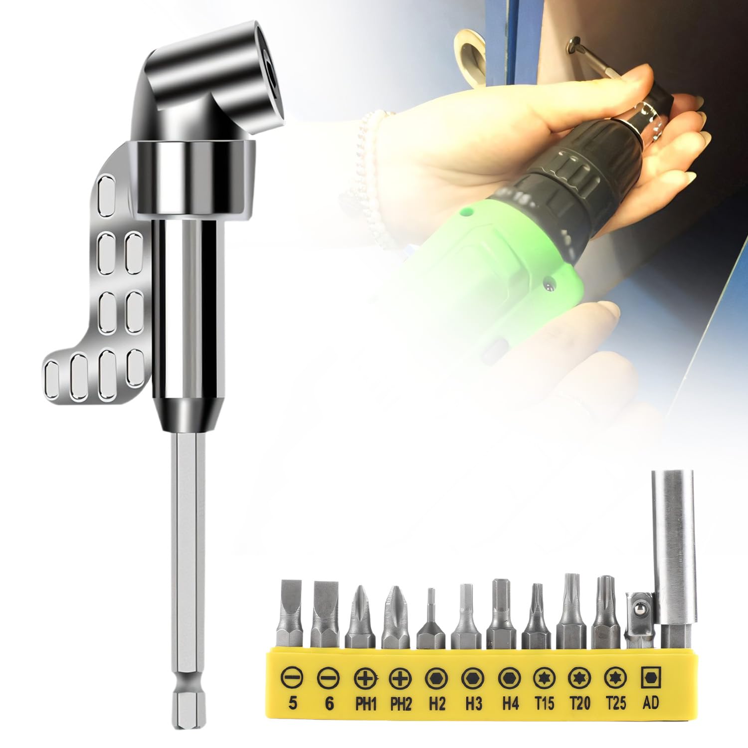 105 Degree Right Angle Drill Adapter, Right Angle Drill Attachment, Drill Adapter for Tight Spaces with Multi-Function Bent Screwdriver Bit, Right