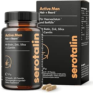 serotalin Active Men Hair + Beard | Haar Vitamine für Männer | Biotin hochdosiert mit L-Carnitin & Zink | Selen, Niacin, Silica & Vitamin C | 100% Vegan & Made in Germany | 60 Kapseln
