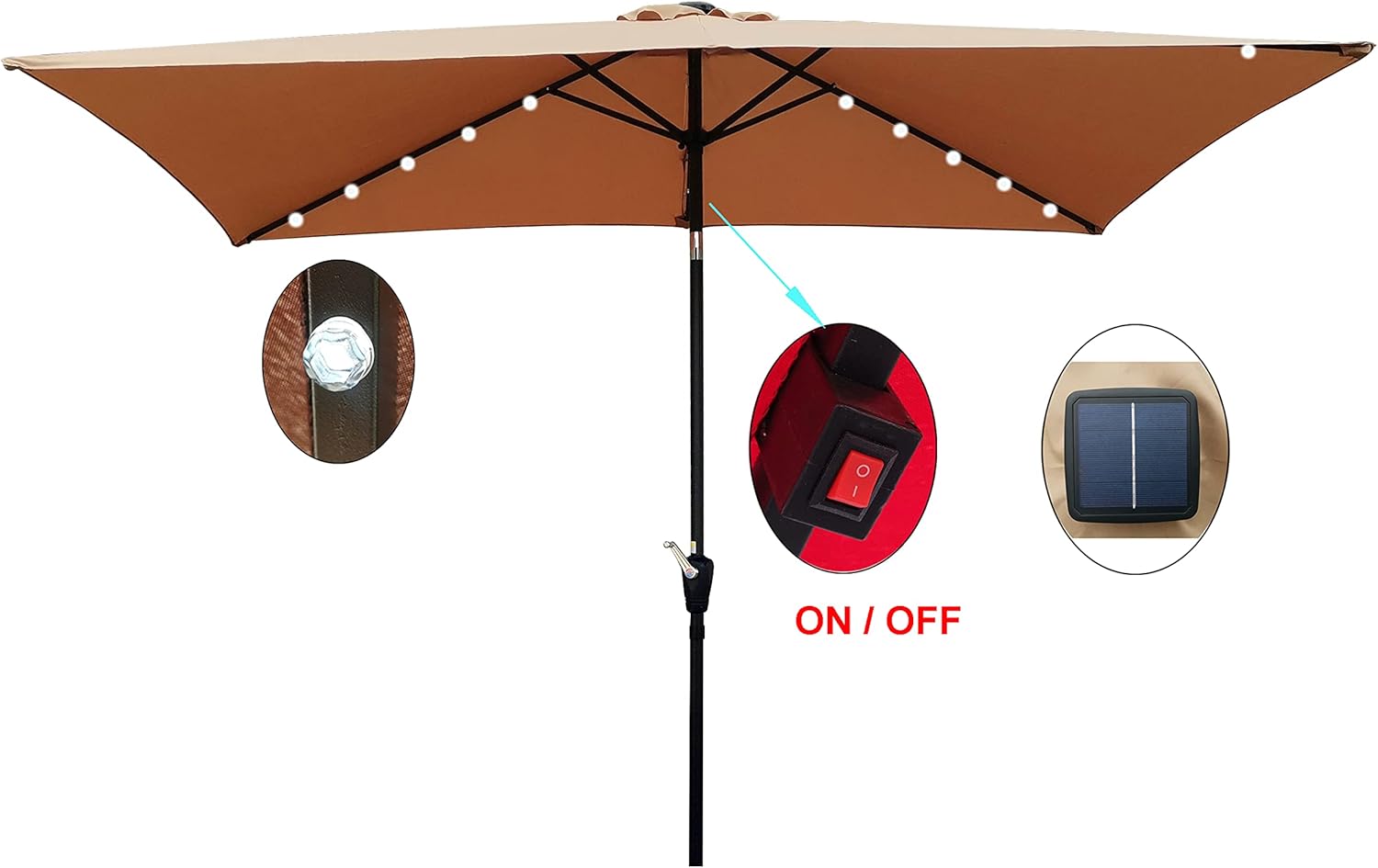 Rectangular Patio Umbrella with Solar LED Lights, 10 x 6.5 ft, Crank and Push Button Tilt, Outdoor Market Shade