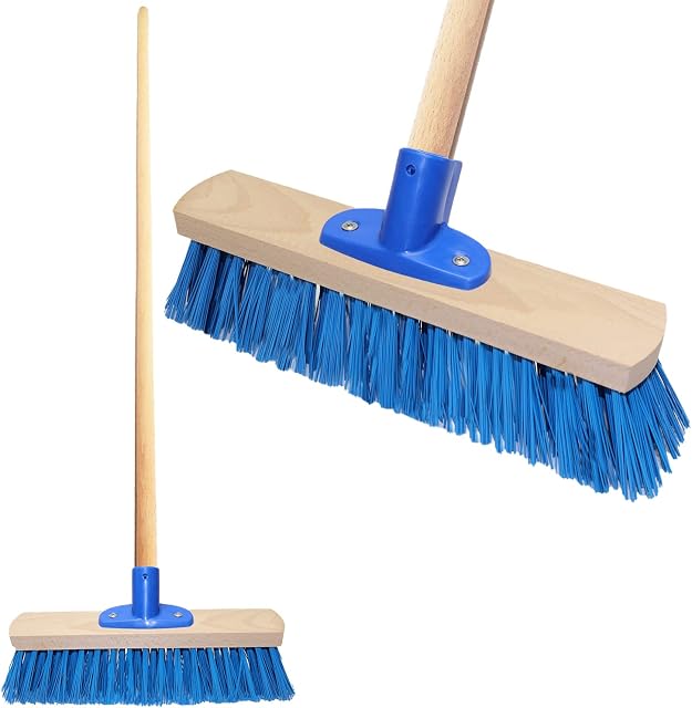 Cotarba Garden Sweeping Push Brush Outdoor Broom Stiff Hard Sweeping Brush With Handle Yard Garden Decking Outdoor Garden Patio Sweeper Stiff Heavy Duty Hard Brush Broom PCV Bristles Brush (Blue)